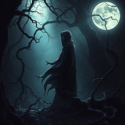 A mysterious scene depicting an ethereal figure cloaked in flowing dark robes, standing in a shadowy forest with dim light filtering through the gnarled branches above