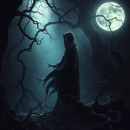 A mysterious scene depicting an ethereal figure cloaked in flowing dark robes, standing in a shadowy forest with dim light filtering through the gnarled branches above