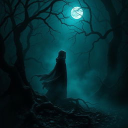 A mysterious scene depicting an ethereal figure cloaked in flowing dark robes, standing in a shadowy forest with dim light filtering through the gnarled branches above