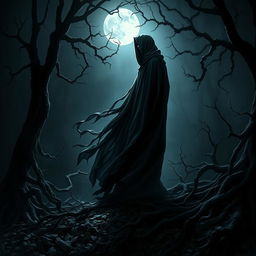 A mysterious scene depicting an ethereal figure cloaked in flowing dark robes, standing in a shadowy forest with dim light filtering through the gnarled branches above