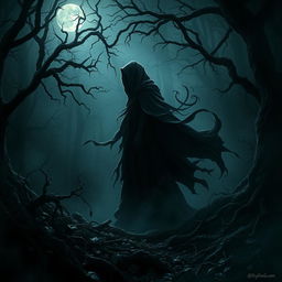 A mysterious scene depicting an ethereal figure cloaked in flowing dark robes, standing in a shadowy forest with dim light filtering through the gnarled branches above