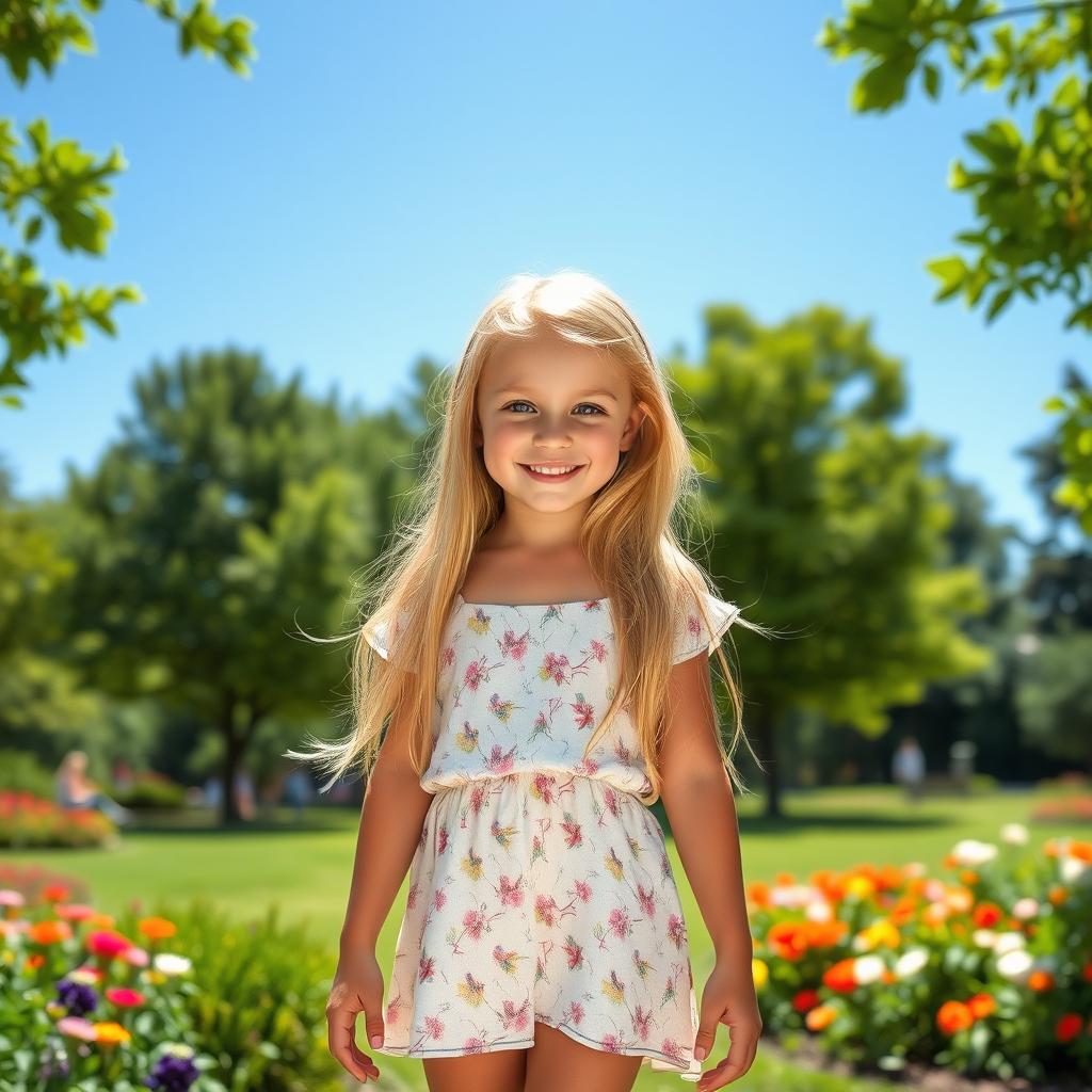 A beautiful blonde American girl with long flowing hair, bright blue eyes, and a cheerful smile, dressed in a casual summer outfit complete with a light floral sundress and sandals