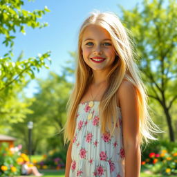 A beautiful blonde American girl with long flowing hair, bright blue eyes, and a cheerful smile, dressed in a casual summer outfit complete with a light floral sundress and sandals