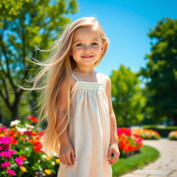 A beautiful blonde American girl with long flowing hair, bright blue eyes, and a cheerful smile, dressed in a casual summer outfit complete with a light floral sundress and sandals