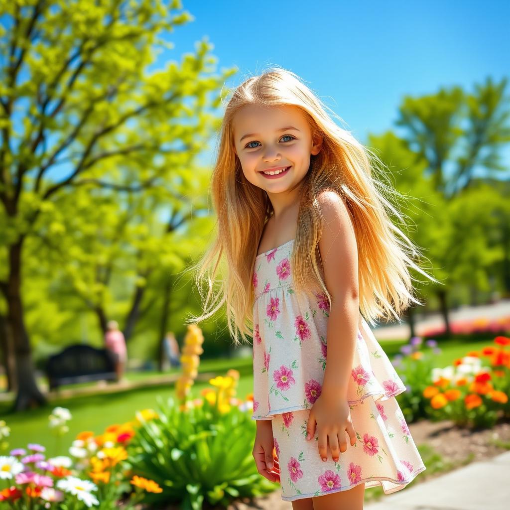 A beautiful blonde American girl with long flowing hair, bright blue eyes, and a cheerful smile, dressed in a casual summer outfit complete with a light floral sundress and sandals