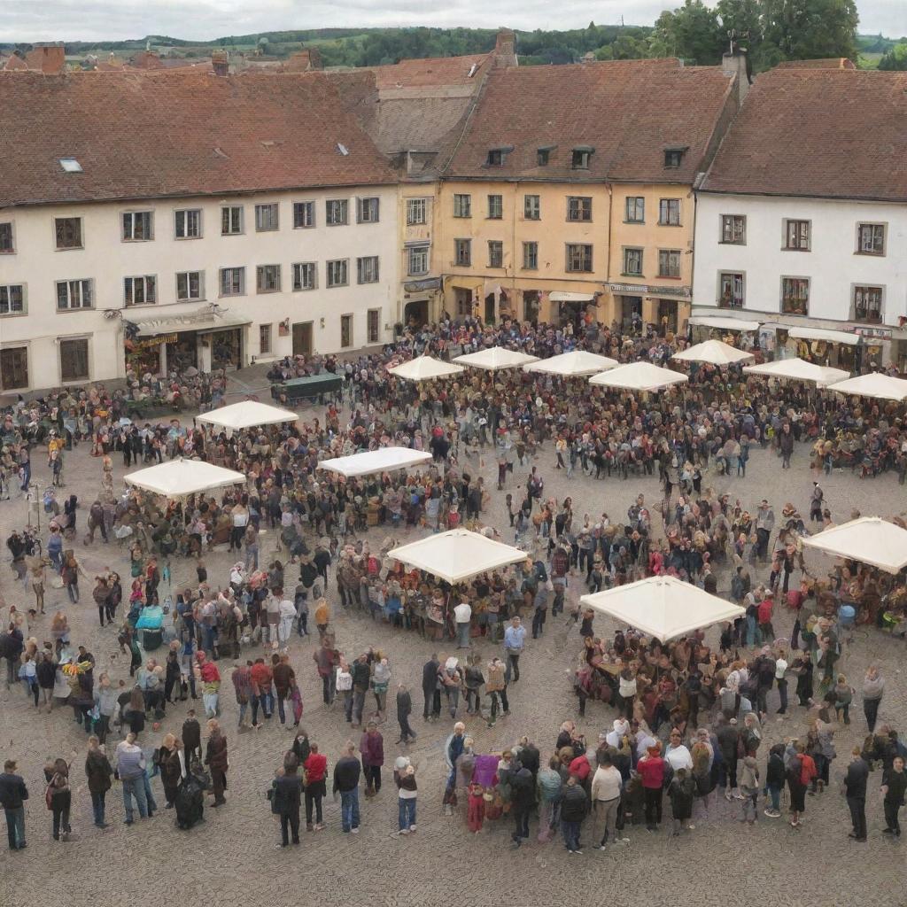 A warm, close-knit community gathered around a bustling square, illustrating the concept of 'Gemeinschaft' (community spirit)