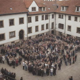 A warm, close-knit community gathered around a bustling square, illustrating the concept of 'Gemeinschaft' (community spirit)