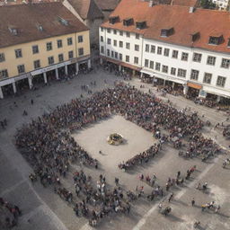 A warm, close-knit community gathered around a bustling square, illustrating the concept of 'Gemeinschaft' (community spirit)