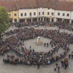 A warm, close-knit community gathered around a bustling square, illustrating the concept of 'Gemeinschaft' (community spirit)