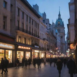 A lively street in a bustling city at dusk. Lit-up storefronts and pedestrians, a mix of modern and traditional architecture.