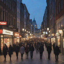 A lively street in a bustling city at dusk. Lit-up storefronts and pedestrians, a mix of modern and traditional architecture.