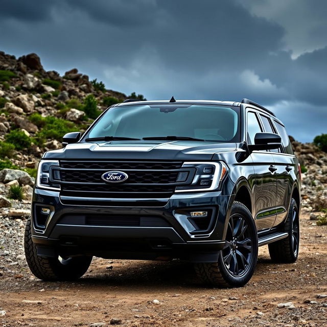 A powerful Ford Shelby Expedition Tremor parked in a rugged outdoor setting, showcasing its muscular design and aggressive stance