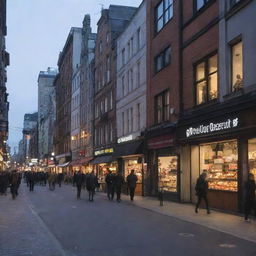 A lively street in a bustling city at dusk. Lit-up storefronts and pedestrians, a mix of modern and traditional architecture.