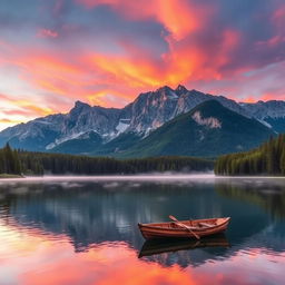 A serene landscape featuring a stunning mountain range during sunset, with vibrant orange and pink hues illuminating the sky