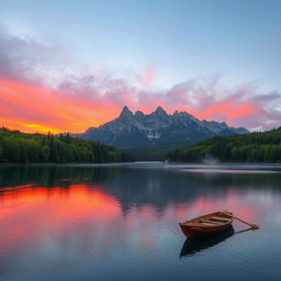 A serene landscape featuring a stunning mountain range during sunset, with vibrant orange and pink hues illuminating the sky