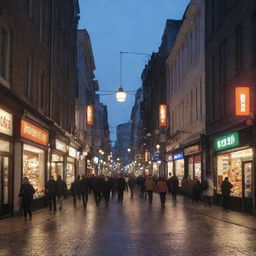 A lively street in a bustling city at dusk. Lit-up storefronts and pedestrians, a mix of modern and traditional architecture.