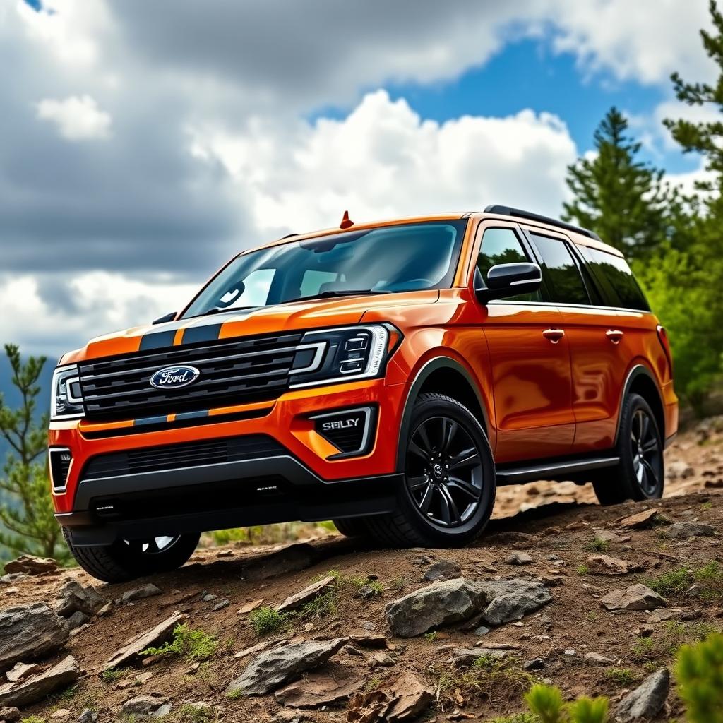 A striking 2025 Ford Shelby Expedition Tremor showcased in an outdoor adventure scene, emphasizing its modern design and robust features