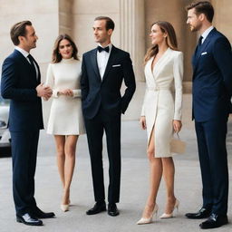 A group of stylish men admiring a beautiful woman with long, elegant legs.