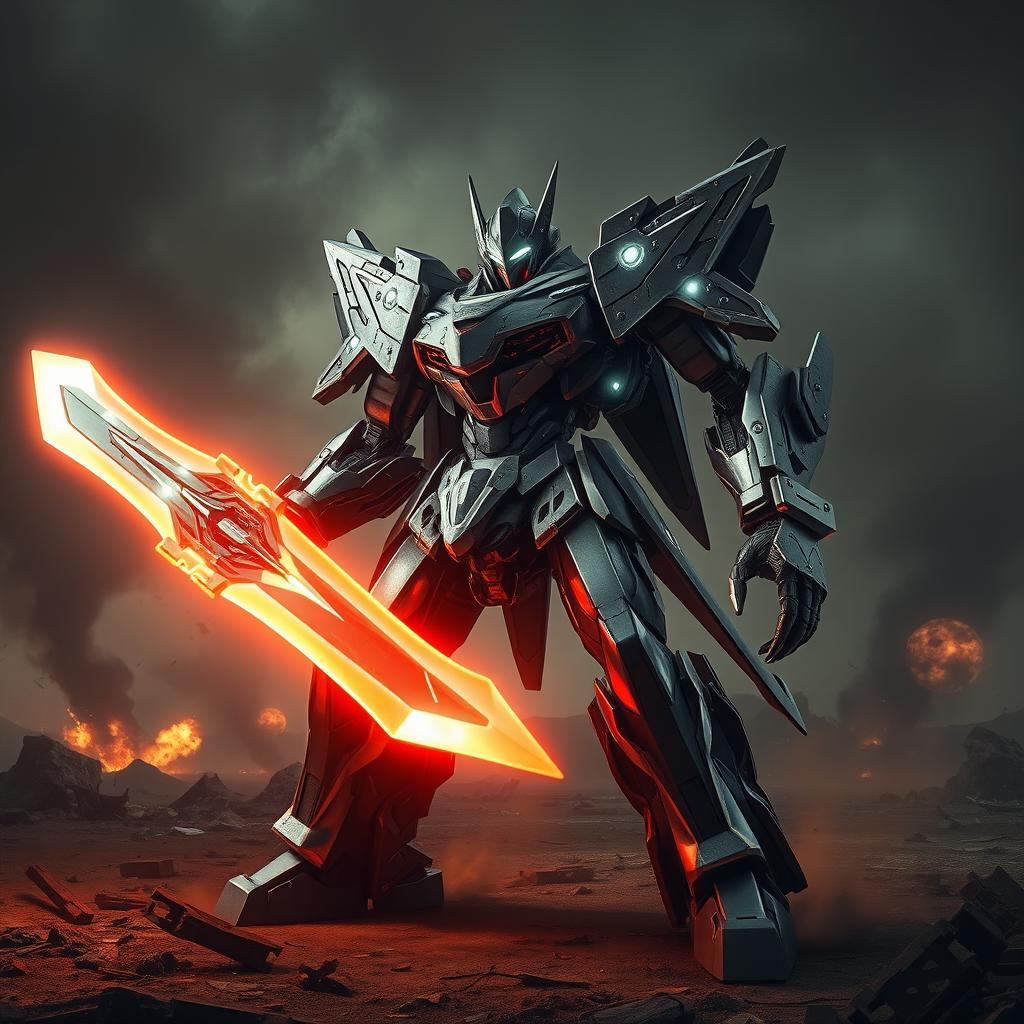 A formidable battle robot wielding a massive energy sword, designed with an intricate metallic exterior featuring sharp angles and glowing LED highlights