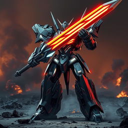 A formidable battle robot wielding a massive energy sword, designed with an intricate metallic exterior featuring sharp angles and glowing LED highlights