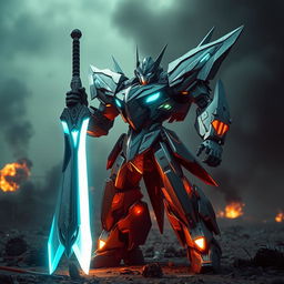 A formidable battle robot wielding a massive energy sword, designed with an intricate metallic exterior featuring sharp angles and glowing LED highlights