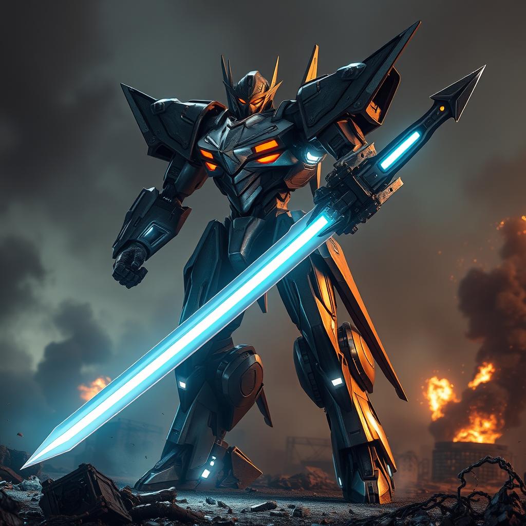 A formidable battle robot wielding a massive energy sword, designed with an intricate metallic exterior featuring sharp angles and glowing LED highlights