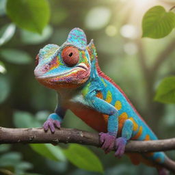 A grinning cartoon chameleon with vibrant, multi-colored scales, perched on a sun-dappled branch in a lush, tropical rainforest.