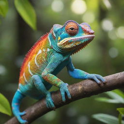 A grinning cartoon chameleon with vibrant, multi-colored scales, perched on a sun-dappled branch in a lush, tropical rainforest.