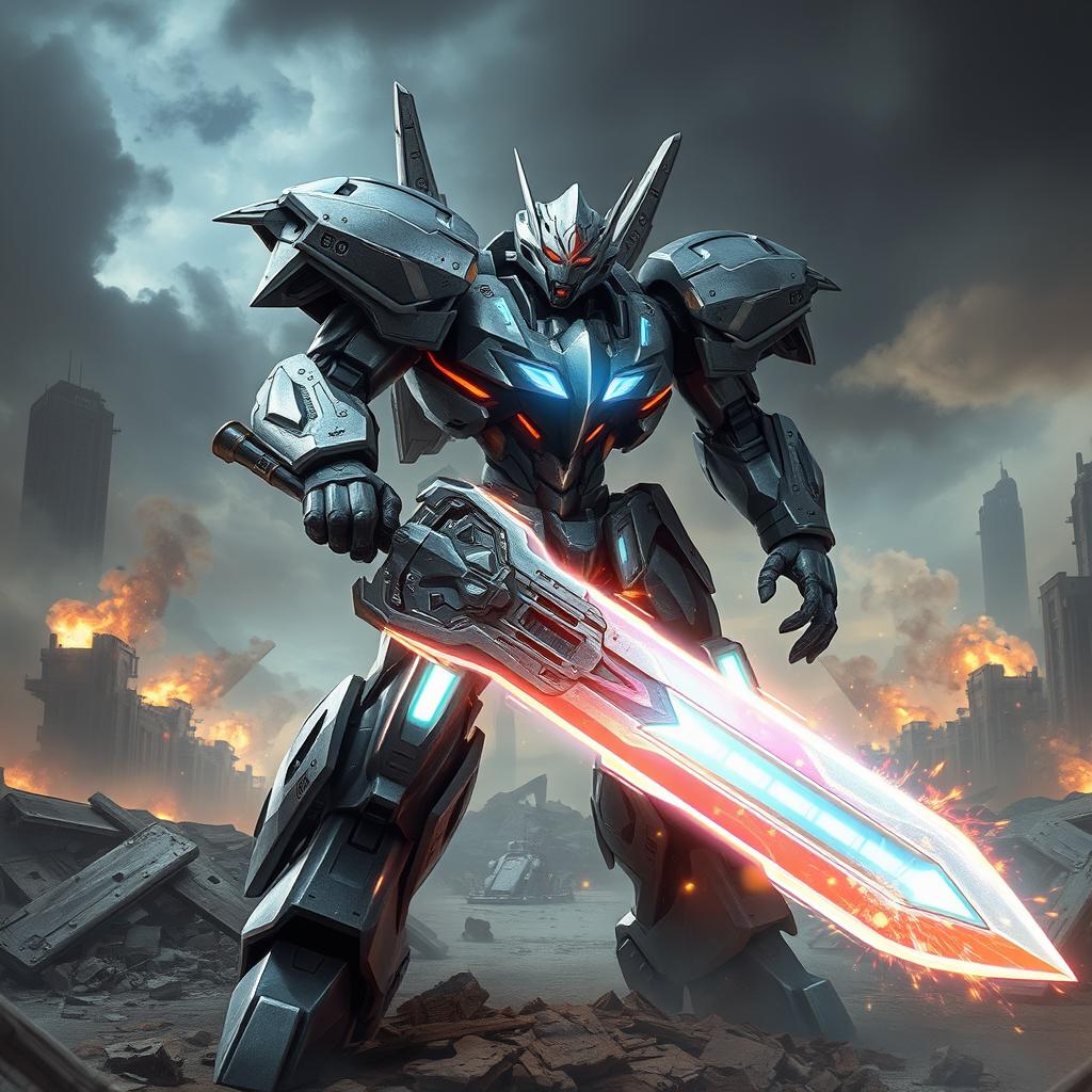 A striking battle robot wielding a large, futuristic sword, designed with an imposing metallic frame and intricate details like sharp edges and glowing circuit patterns