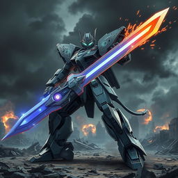 A striking battle robot wielding a large, futuristic sword, designed with an imposing metallic frame and intricate details like sharp edges and glowing circuit patterns