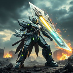 A striking battle robot wielding a large, futuristic sword, designed with an imposing metallic frame and intricate details like sharp edges and glowing circuit patterns