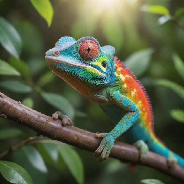 A grinning cartoon chameleon with vibrant, multi-colored scales, perched on a sun-dappled branch in a lush, tropical rainforest.