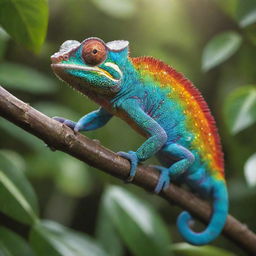 A grinning cartoon chameleon with vibrant, multi-colored scales, perched on a sun-dappled branch in a lush, tropical rainforest.