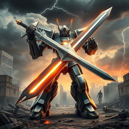 A fierce battle robot brandishing a colossal sword, expertly designed with a sleek metallic body and intricate details that emphasize its formidable presence