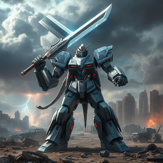 A fierce battle robot brandishing a colossal sword, expertly designed with a sleek metallic body and intricate details that emphasize its formidable presence