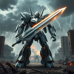 A fierce battle robot brandishing a colossal sword, expertly designed with a sleek metallic body and intricate details that emphasize its formidable presence