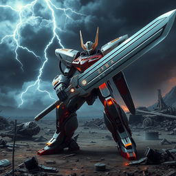 A powerful battle robot holding a gigantic sword, with a sleek and futuristic design featuring a blend of metallic and carbon fiber textures