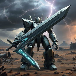 A powerful battle robot holding a gigantic sword, with a sleek and futuristic design featuring a blend of metallic and carbon fiber textures