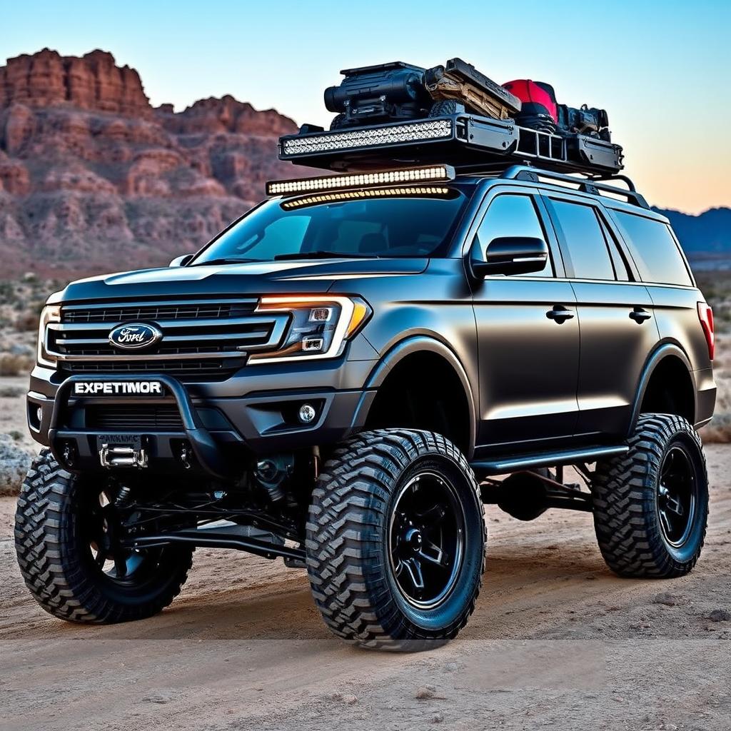 An aggressive Ford Expedition Tremor, showcasing extreme tuning modifications