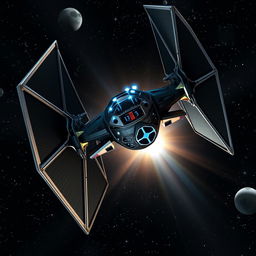 A unique variant of the iconic TIE fighter flying through a starry space backdrop, featuring an innovative design with larger wings and enhanced propulsion systems