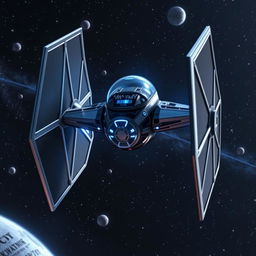 A unique variant of the iconic TIE fighter flying through a starry space backdrop, featuring an innovative design with larger wings and enhanced propulsion systems