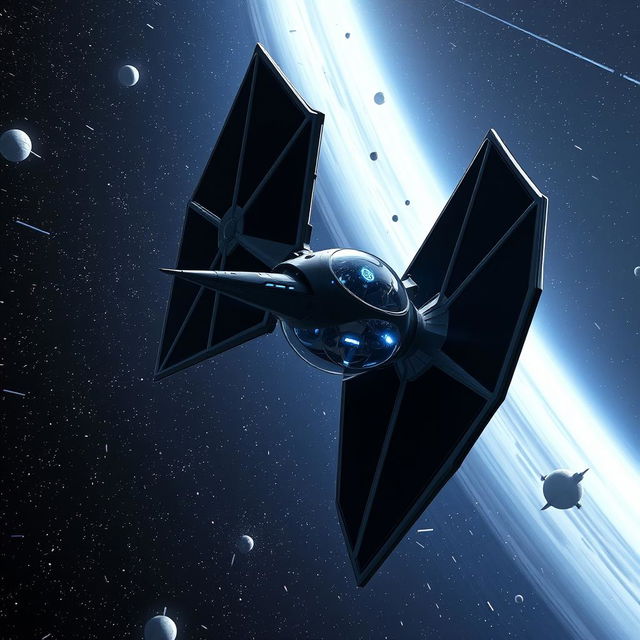 A unique variant of the iconic TIE fighter flying through a starry space backdrop, featuring an innovative design with larger wings and enhanced propulsion systems