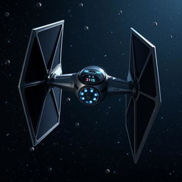 A unique variant of the iconic TIE fighter flying through a starry space backdrop, featuring an innovative design with larger wings and enhanced propulsion systems