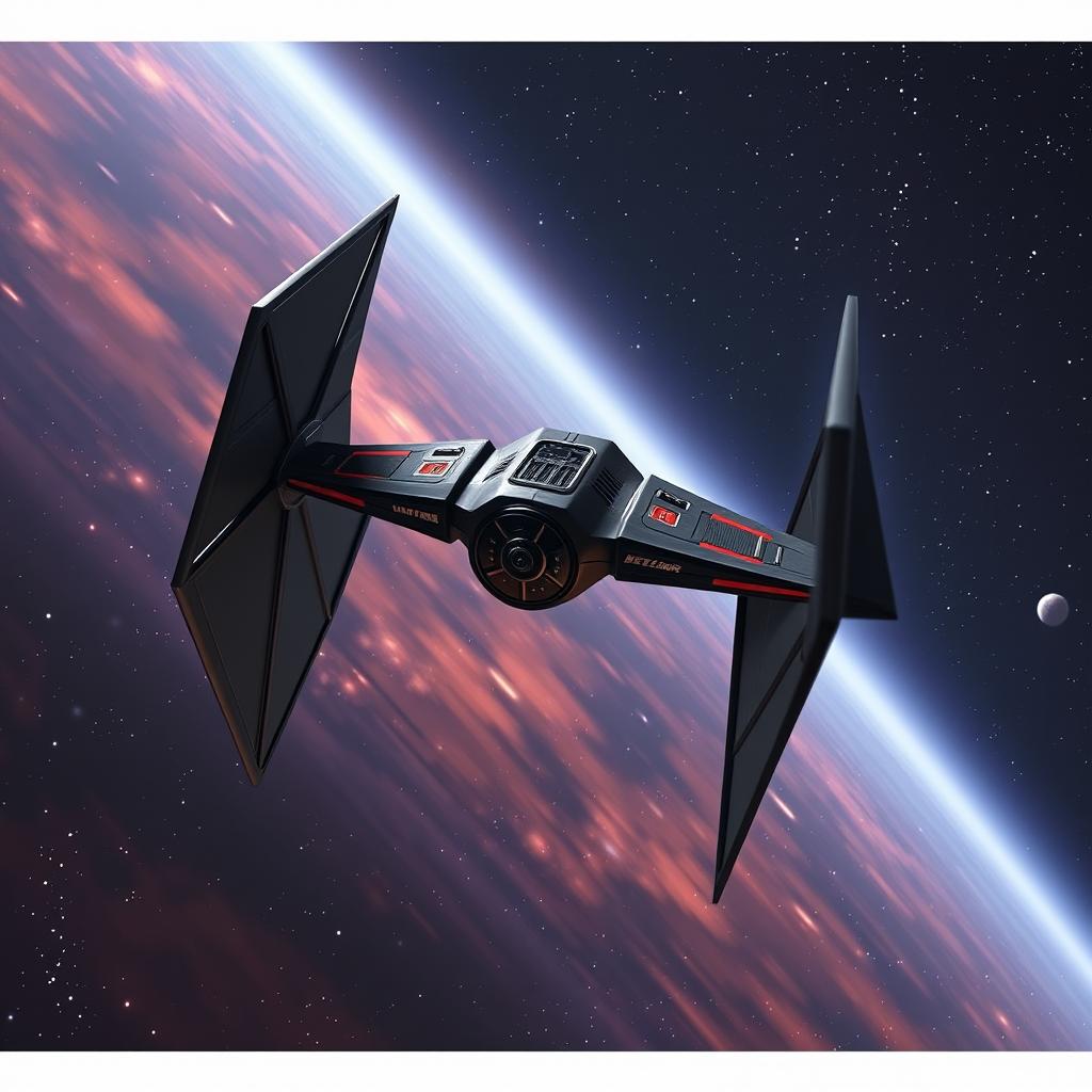 An imaginative variant of the classic TIE fighter soaring through the cosmos, featuring an elongated body and uniquely shaped wings that distinguish it from traditional models