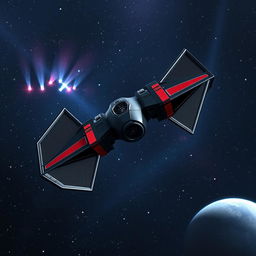 An imaginative variant of the classic TIE fighter soaring through the cosmos, featuring an elongated body and uniquely shaped wings that distinguish it from traditional models