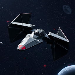 An imaginative variant of the classic TIE fighter soaring through the cosmos, featuring an elongated body and uniquely shaped wings that distinguish it from traditional models