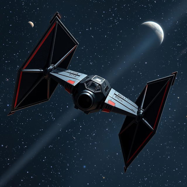 An imaginative variant of the classic TIE fighter soaring through the cosmos, featuring an elongated body and uniquely shaped wings that distinguish it from traditional models