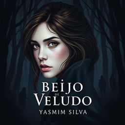 Book cover design for 'Beijo de Veludo' by Yasmim Silva featuring the protagonist with brown eyes and brown hair, white skin with light freckles