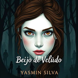 Book cover design for 'Beijo de Veludo' by Yasmim Silva featuring the protagonist with brown eyes and brown hair, white skin with light freckles