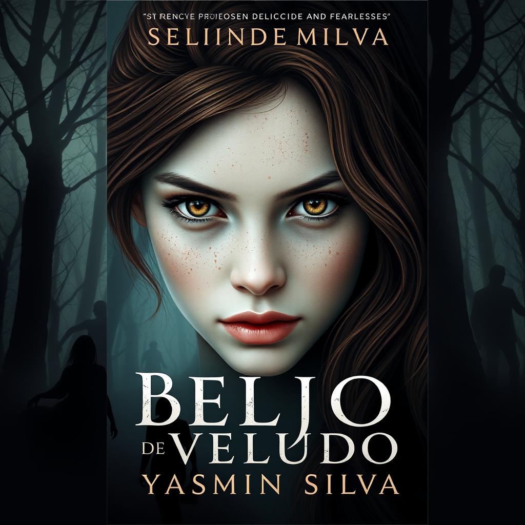 Book cover design for 'Beijo de Veludo' by Yasmim Silva featuring the protagonist with brown eyes and brown hair, white skin with light freckles